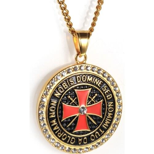 Never Fade The Knights Templar Iron Cross Pendant Necklaces for Men Inlay CZ Stone Red Glaze Cross Stainless Steel Necklace