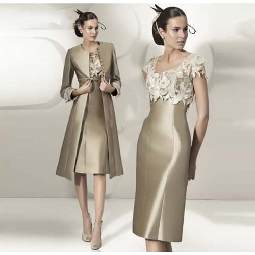 Exquisite Bronze Square Neckline Flowers Short Sleeve Mother of the Bride Dresses With Jacket Wedding Party Gowns Knee Length