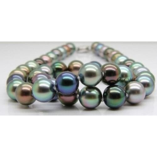 18"12- Tahitian genuine black peacock green multicolor round pearl necklace