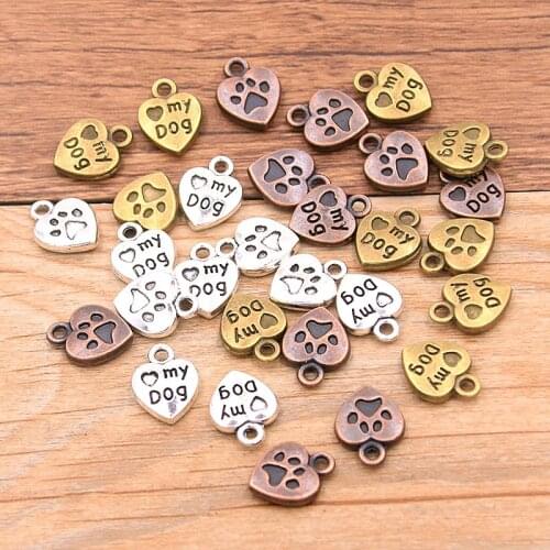 20PCS 10*13mm Metal Alloy Three Color Letter ''MY DOG'' Paw Charms Hearts Pendants For Jewelry Making DIY Handmade Craft