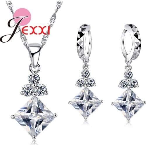 Luxury Shinning Cubic Zirconia CZ Geometric Square Necklace Collar Earrings Brincos Bijoux Wedding Jewelry Sets Gift