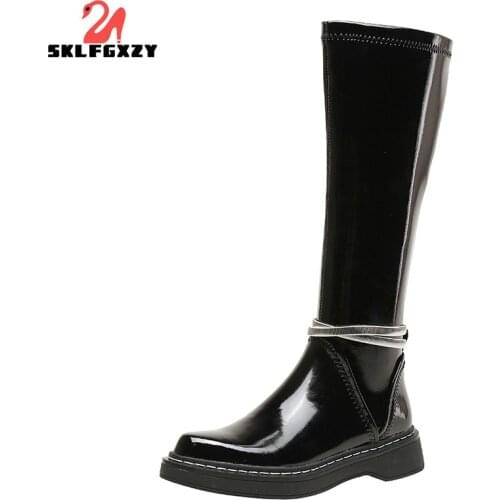 SKLFGXZY 2021 New Fashion Square Genuine Leather Boots Zip Knee High Boots Women Fashion Western Boots Ladies Shoes