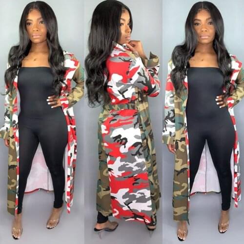 Long Sleeve Camouflage Trench Coat Women Cardigan Windbreaker With Sashes Turn Down Collar Long Coats Ladies Spring Clothes