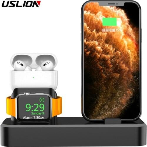 USLION 3 in 1 Silicone Charger Dock Charging Stand For Apple Watch 6 5 Airpods For iPhone 12 Pro Max Fast Charge Base Station