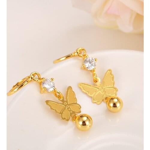 Gold crystal cz bbutterfly Dangle Earrings Women Fashion love Jewelry Metal Drop Earrings For girls kids Gifts wedding bridal