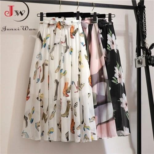 Women Summer Floral Print Chiffon Skirts Girls Spring Korean A-Line High Waist Ladies Elegant Office Holiday Midi Skirt