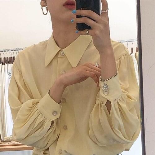 Spring Puff Long Sleeve Casual Womens Shirts Single Breasted Turn-down Collar Solid Female Shirt 2021 Autumn Korean Ladies Tops