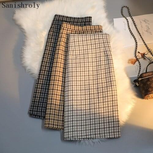 2021 Autumn Winter Korea Woolen Plaid Skirt Women High Waist Split A-Line Bodycon Skirt Office Female Midi Long Pencil Skirts