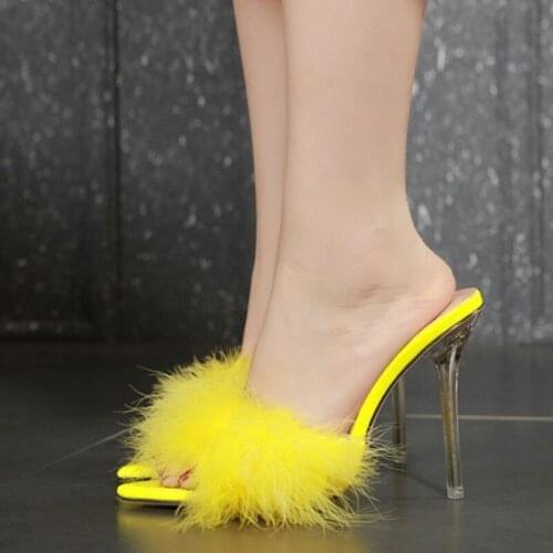 Womens Fur Furry Feather Clear Transparent Open Toe Stilettos High Heel Shoes Crystal Pumps Slipper 8Colors Plus Size New
