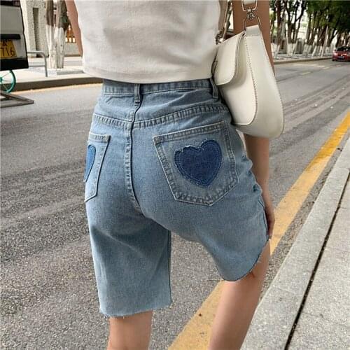 Vintage Ripped Love Denim Shorts Womens Summer 2021 New Large Size High Waist Frayed Shorts Harajuku Casual Jeans Hot Shorts