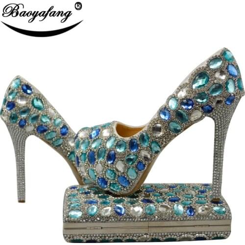 BaoYaFang Blue crystal rhinestone Womens wedding shoes with matching bags High platform shoes and purse set fashion shoes woman