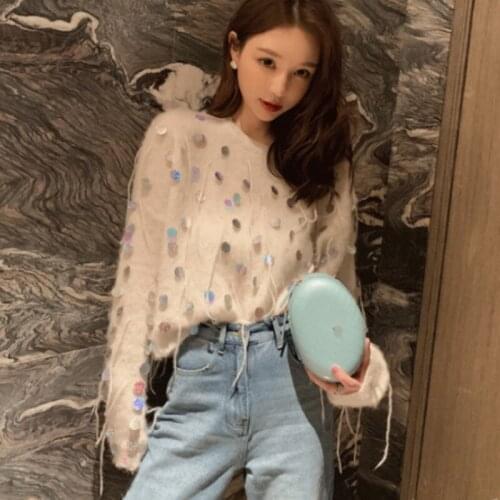Women Glittering Sequins Tassels Wool Fringed Sweater Loose Knitted Beaded Crocheted Pullover Crop Tops Bright Silk Sueter