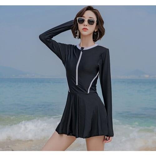 Korean 2021 Summer Fashion Sexy Zipper Solid Sunscreen Swimsuit Casual Long Sleeve Backless One Pieces Swimsuit Women