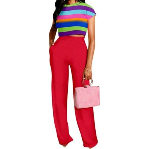 Women Fashion 2-piece Outfit Set Short Sleeve Striped Top and Solid Color Loose Pants Set