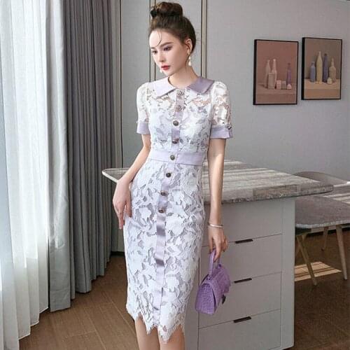 Fashion Summer Vintage Short Sleeve Midi Party Dress Ladies Elegant Sweet Turn-down Collar Button Lace Perspective Pencil Dress