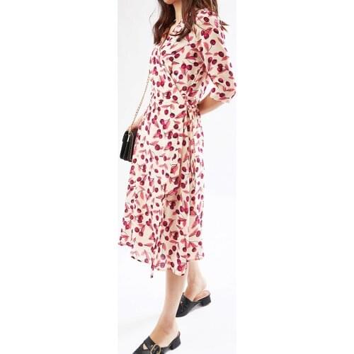 Women Summer Real Silk Floral Korean Beach Boho Dress Elegant Midi V Neck Fashion Robe Ete Femme 2020 A4422 KJ5629