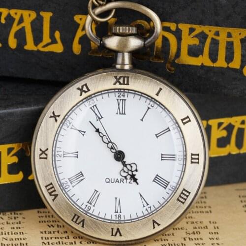 Bronze Open Face Quartz Pocket Watch Analog Display with Unisex Necklace Chain Watches for Mens Womens