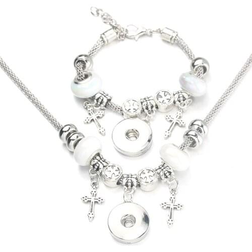Snap Cross Necklace Bracelet Set Bead Pendant Hollow Chain Beaded Bracelet For 18mm Snap Fashion Party Jewelry 003