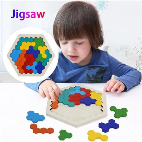Besegad Kids Wooden Hexagon Puzzle Colorful Shape Pattern Educational Toys Brain Teasers Toy for Children Birthday Gift