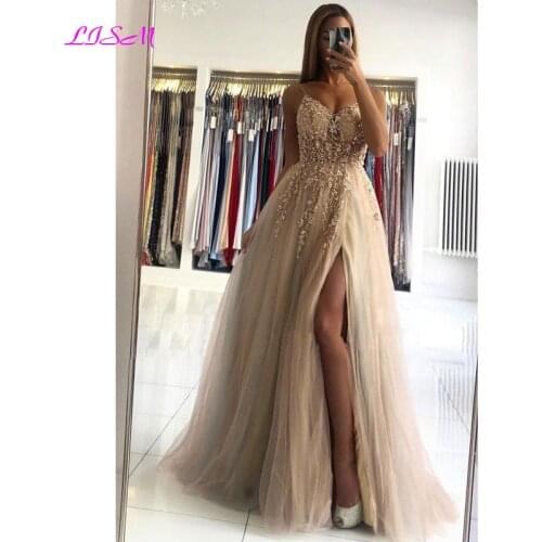 2021 Champagne V-Neck Beaded Long Prom Dresses Elegant Backless Tulle Evening Dress Sexy Side Split Formal Party Gowns