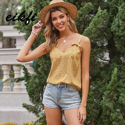 EIKFI Strap Tie Knot Floral Print Women Camis Summer Ladies V Neck Backless Yellow Elegant Straps Loose Casual Camis and Tops