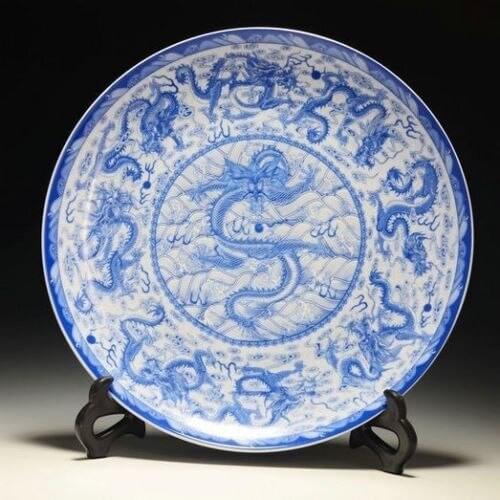 Exquisite Chinese Blue and White Porcelain Plate Hand-painted 9 Dragon