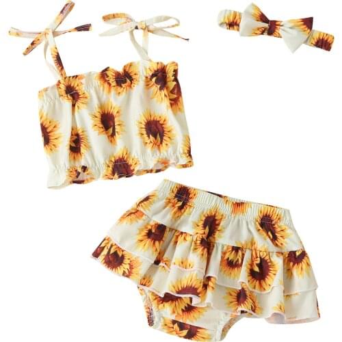 Baby Girls Three-piece Clothes Set Floral Printed Pattern Suspender Tops + Culottes + Headdress Dark Blue/ Tangerine/ Beige