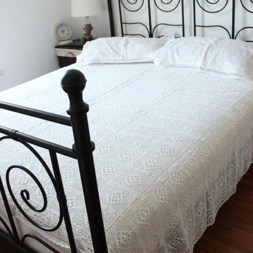 100% Cotton Copy Crochet Bedspread Pillowcase Crocheted Coverlet Bed Linen White/Beige Lace Bedding Set 3pcs Free Shipping