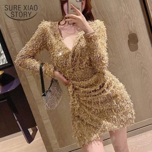 New Elastic V Neck Mini Dress Fashion Sexy Sequins Dress Women High Waist Above Knee Dress For Women Clothing Robe Femme 12763