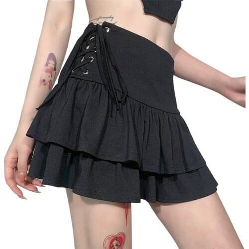 Women Teen Girls Harajuku Gothic Mini Skirts Lace Up High Waist Ruffle Short Flared Skirts E-Girl Clothing Emo Goth Miniskirt
