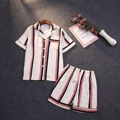 Summer womens fashion casual style new short-sleeved shorts with stripes ice silk pajamas suits can be worn outside home clothe