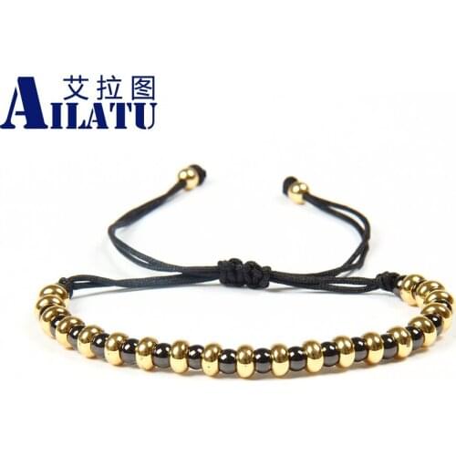 Ailatu Mens Fashion Jewelry Black round Beads with Gold Color Copper Flatbed Macrame Bracelet Customizable Size and Style