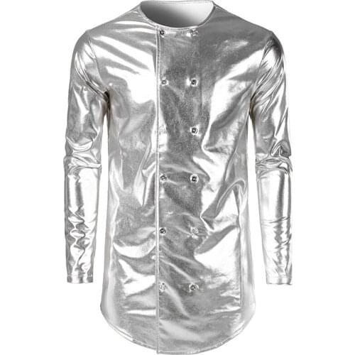 New Men Double-breasted design Gold-plated Long section Curved hem T-shirt Fashion Streetwear hip-hop style Mens Casual T shirt