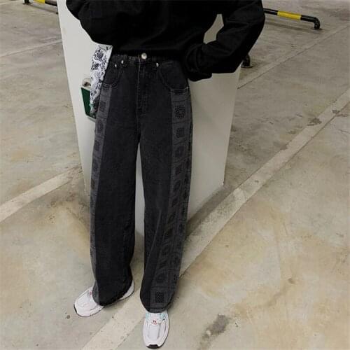 2021 New Womens Jeans Fashion Trend Printing Streetwear High Waist Wide Leg Pants Black Baggy Harajuku Straight Denim Trouser