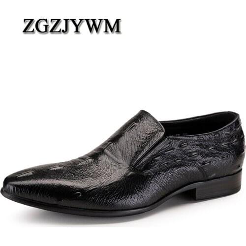 ZGZJYWM New Black/Red Mens Oxfords Crocodile Pattern Slip-On Pointed Toe Genuine Leather Business Formal Men Wedding Shoes
