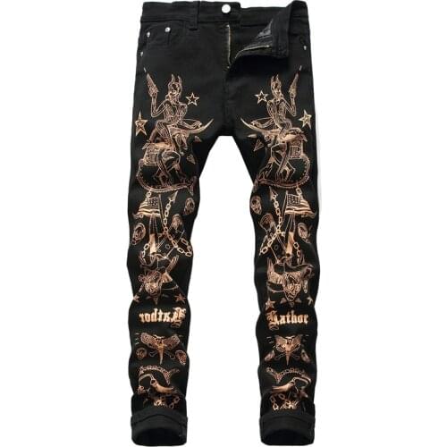 New Mens male slim 3D print jeans Fashion casual trousers sexy beauty flag skull painted black stretch denim pants