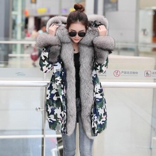 New style down jacket mid-length thick loose winter fox fur collar hooded jacket camouflage