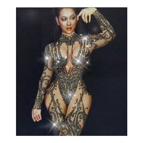 Sexy Nightclub Bar Wear Stones Bodysuit Sexy Black Nude Rhinestone Jumpsuit Leggings Prom Celebrate Outfit Performance Dress