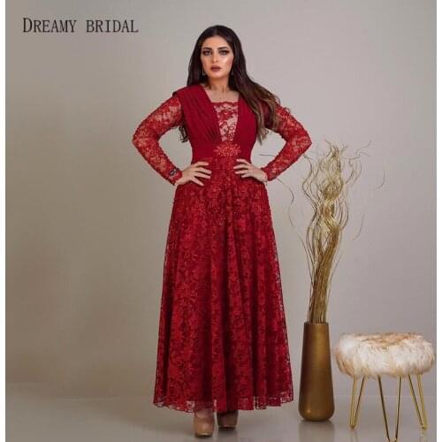 Saudi Fashion Celebrity Dresses Lace Long Sleeves Pleated Ankle Length Designer Red Carpet Gowns Arabian Style Gowns