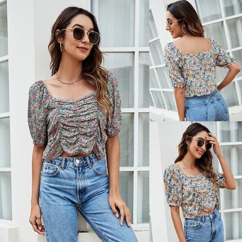 Summer new square collar Pullover 5 / s sleeve top 2021 womens fashion casual printing short open navel top pleated T-shirt