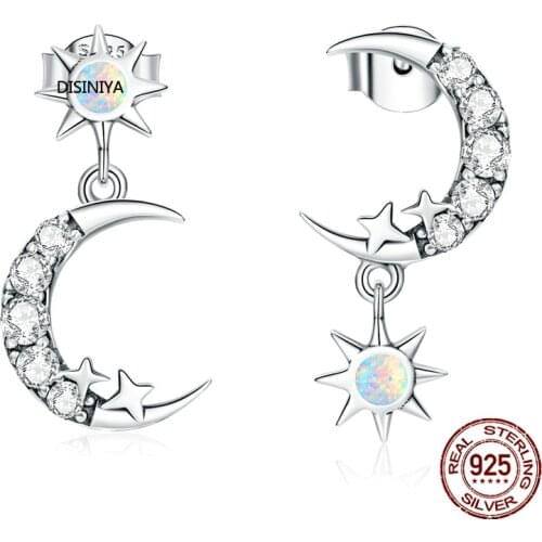 925 Sterling Silver Shining Star and Moon Stud Earrings Crystal Golden Buckle Earrings for Women Engagement Ear Jewelry