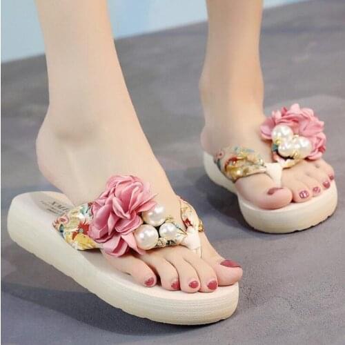 Summer Beach Flip Flops Womens Sandals Handmade Flowers Casual Clip Flat Sandals Slippers Outside Wearing Womens Shoes
