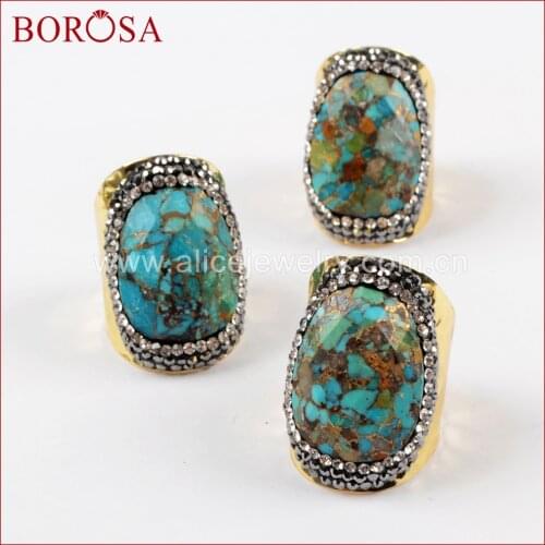 BOROSA Freeform 5/10PCS Natural Blue Stone Druzy Jewelry Gold Band Rings, Turquoises Crystal Paved Zircons Gems Rings JAB900