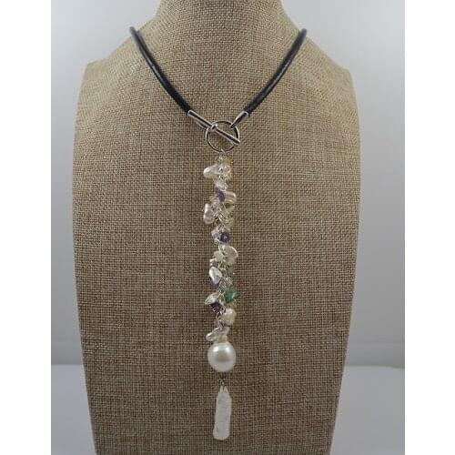 Unique Pearls Jewellery Gem-stone Pearl Necklace Multicolor Cryatal Beads Genuine Freshwater Pearl Leather Necklace Fine Jewelry