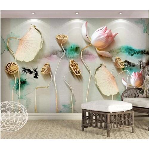WDBH 3d photo wallpaper custom mural Chinese style minimalist relief Zen lotus ink lotus living room wallpaper for walls 3 d