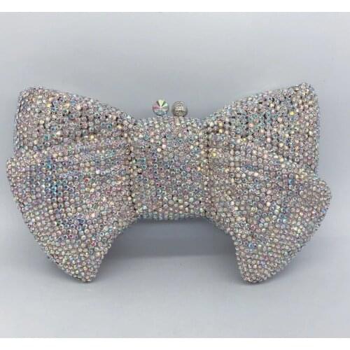 WHTUOHENG Fashoin AB Rhinestone Bow Shape Evening Clutch Bag High Quality Female Shoulder Chain Handbag Lady Prom Party Clutches