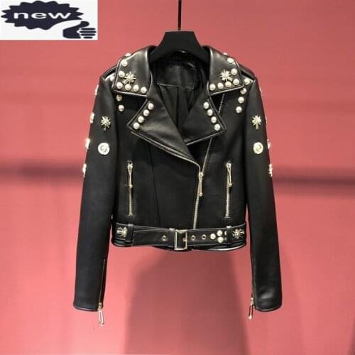 Women Motorcycle Jacket Fashion Design Rivets Long Sleeve Slim Fit Genuine Leather Short Jackets Streetwear Punk Sheepskin Coat