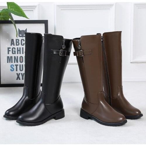 Womens Knee High Boots Side Zip Low Chunky Heels Waterpoof Boots Faux Leather Ladies Shoes Woman Big