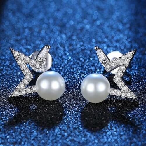 KOFSAC 2019 Hot 925 Silver Stud Earrings For Women Engagement Jewelry Shiny Zircon Star Pearl Earring Female Wedding Accessories