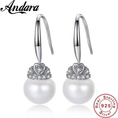 Luxury Jewelry Women Earrings Real 925 Sterling Silver Crown Princess Heart & Pearls Earrings Wedding Party Oorbellen